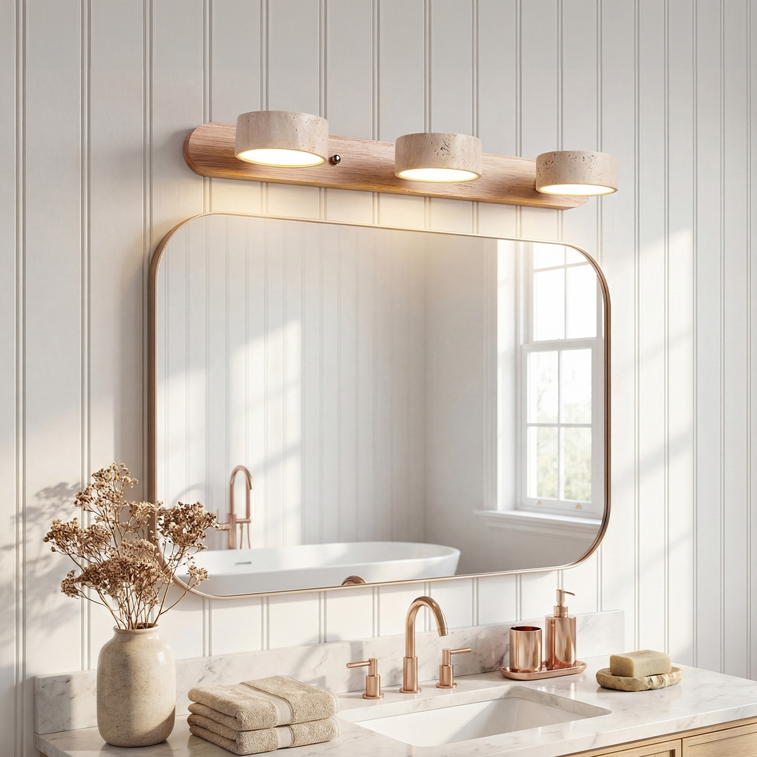 3 Lights Farmhouse Travertine Wall Light | Wooden Led Indoor Wall